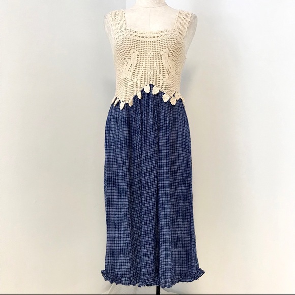 Vintage 70s Boho Crochet Top Print Midi Dress - Picture 3 of 11